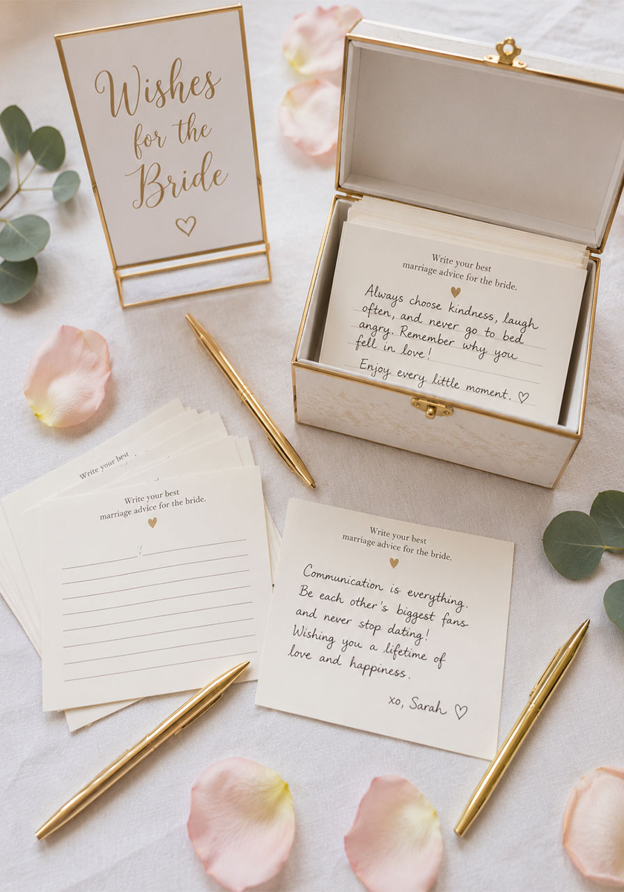 Advice and wishes card station with handwritten marriage advice cards and a decorated box at a petals and prosecco bridal shower