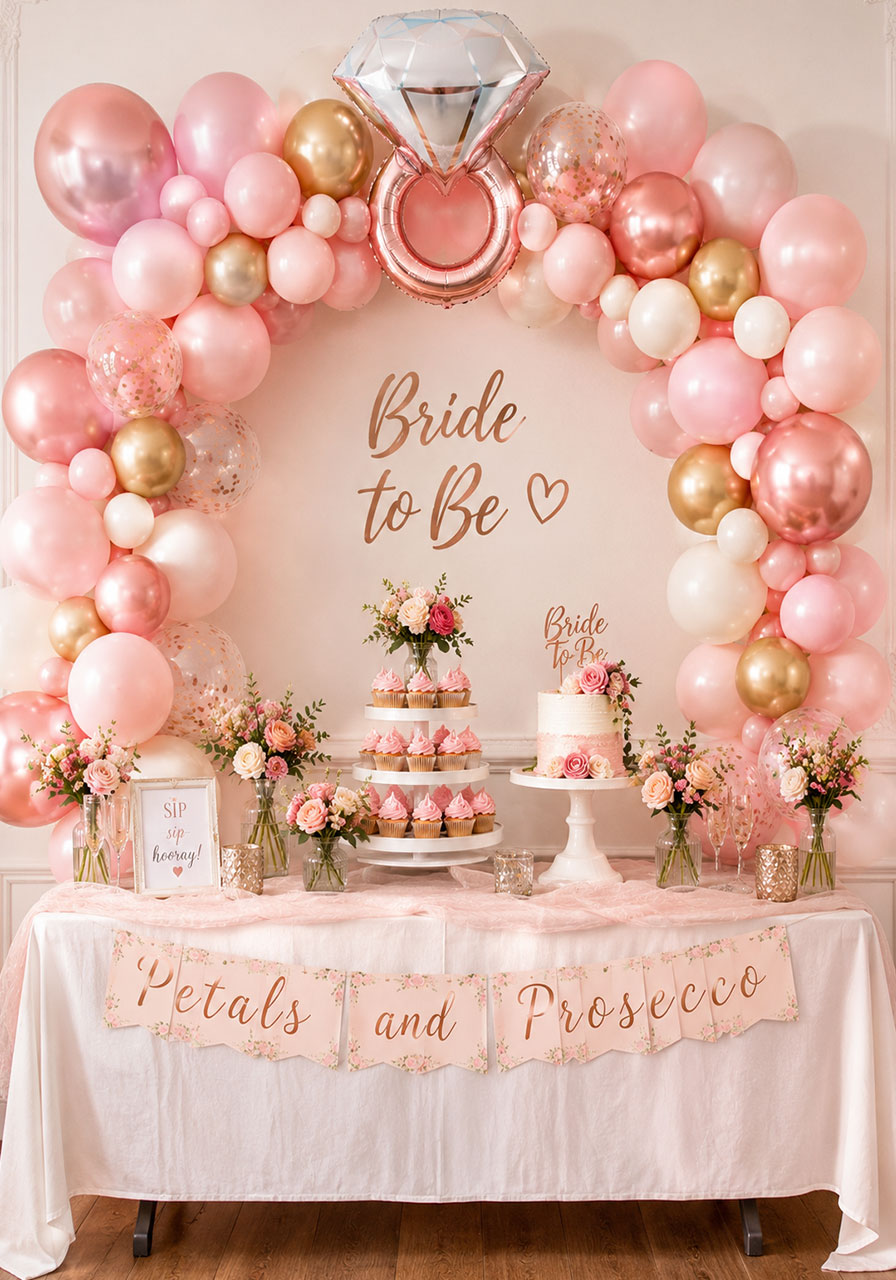 Blush pink and rose gold balloon garland arch over a petals and prosecco bridal shower dessert table with cupcakes and floral cake