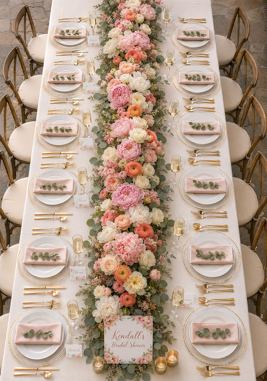 Overhead view of a banquet table with a full-length floral runner and gold place settings for a petals and prosecco bridal shower