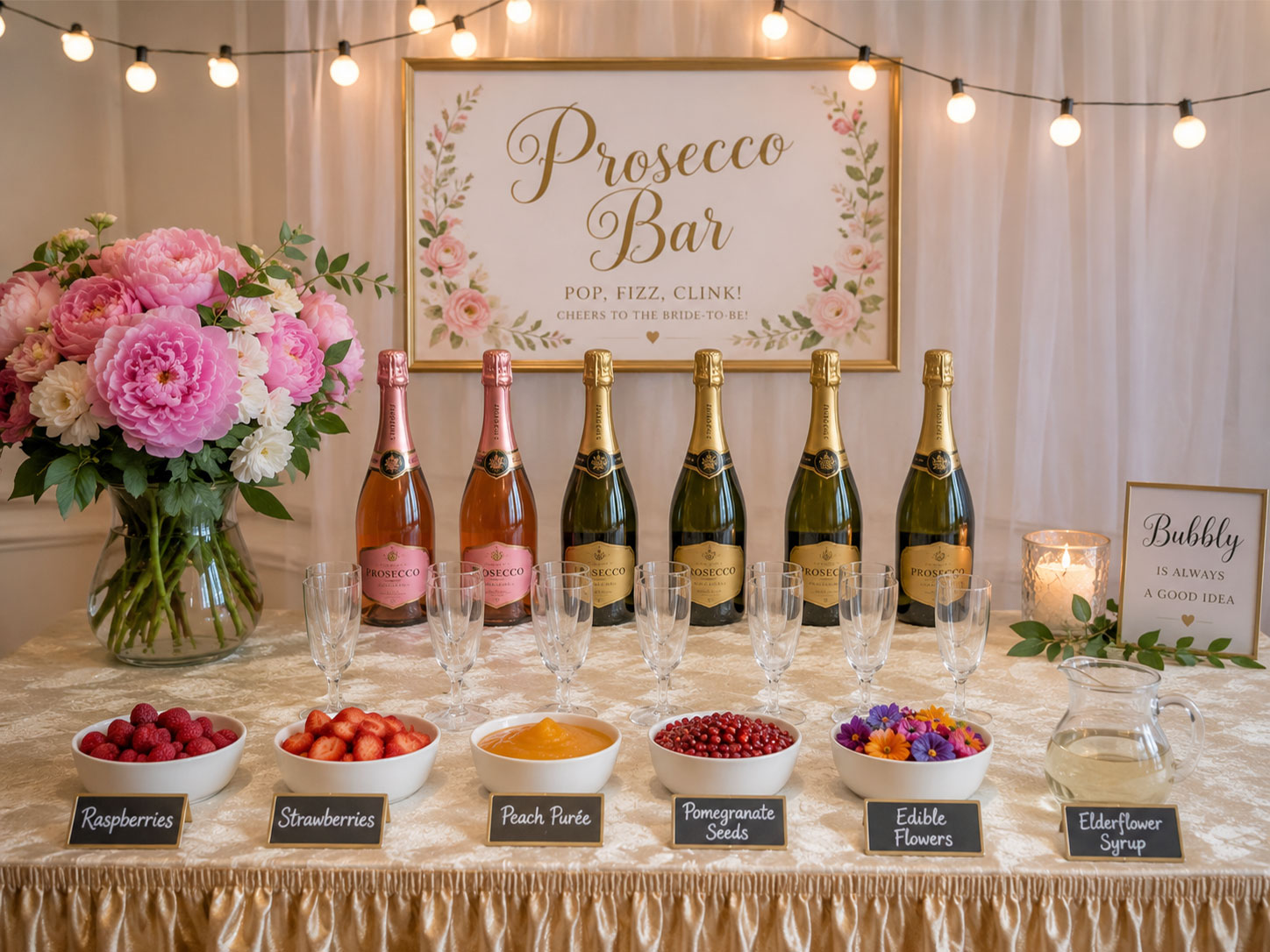 Styled prosecco bar with mix-in toppings, champagne flutes, and floral arrangements for a petals and prosecco bridal shower