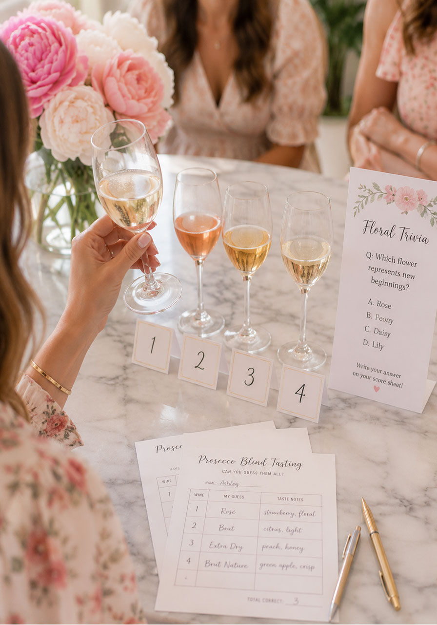 Prosecco blind tasting and floral trivia game setup at a petals and prosecco bridal shower with numbered tasting glasses and score cards