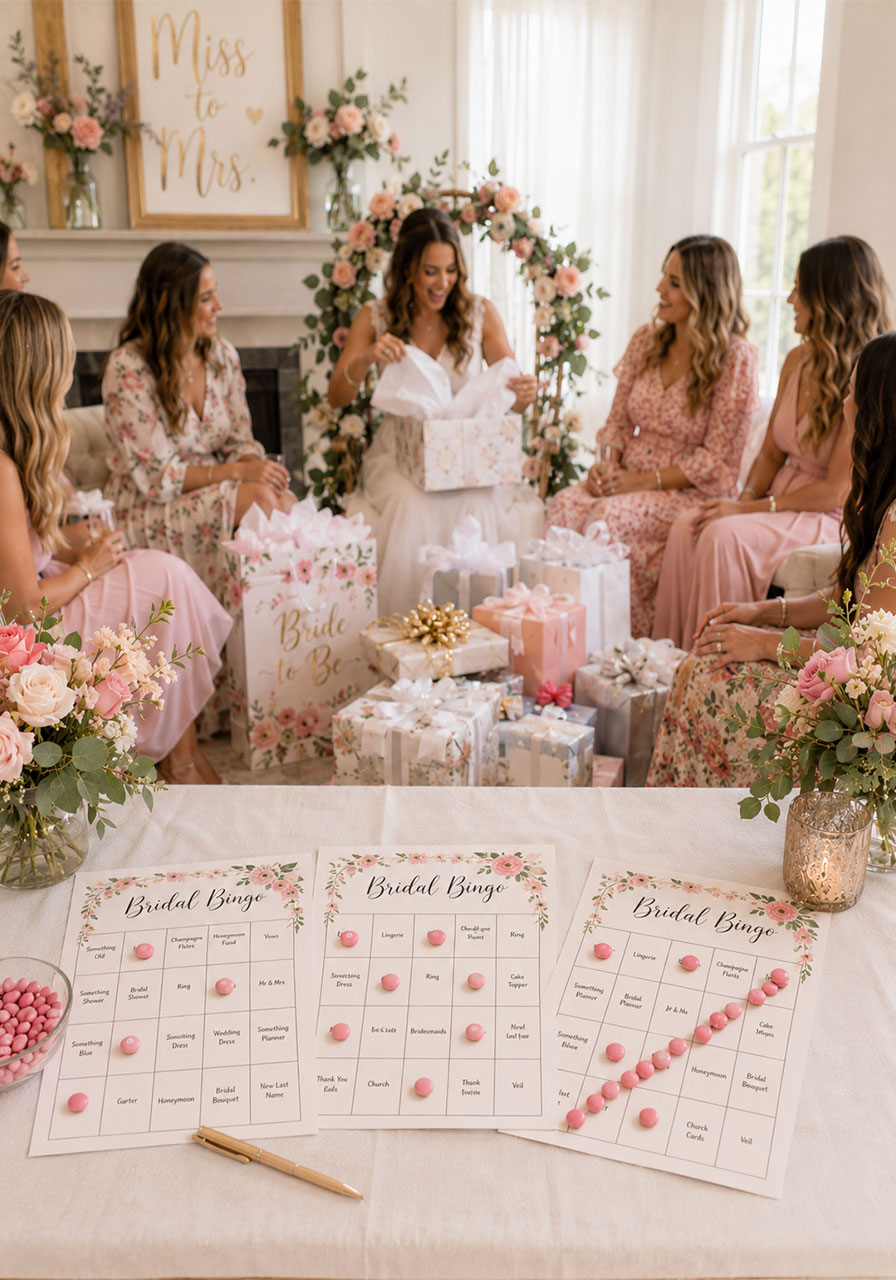 Bridal bingo cards with candy markers during gift opening at a petals and prosecco bridal shower party game
