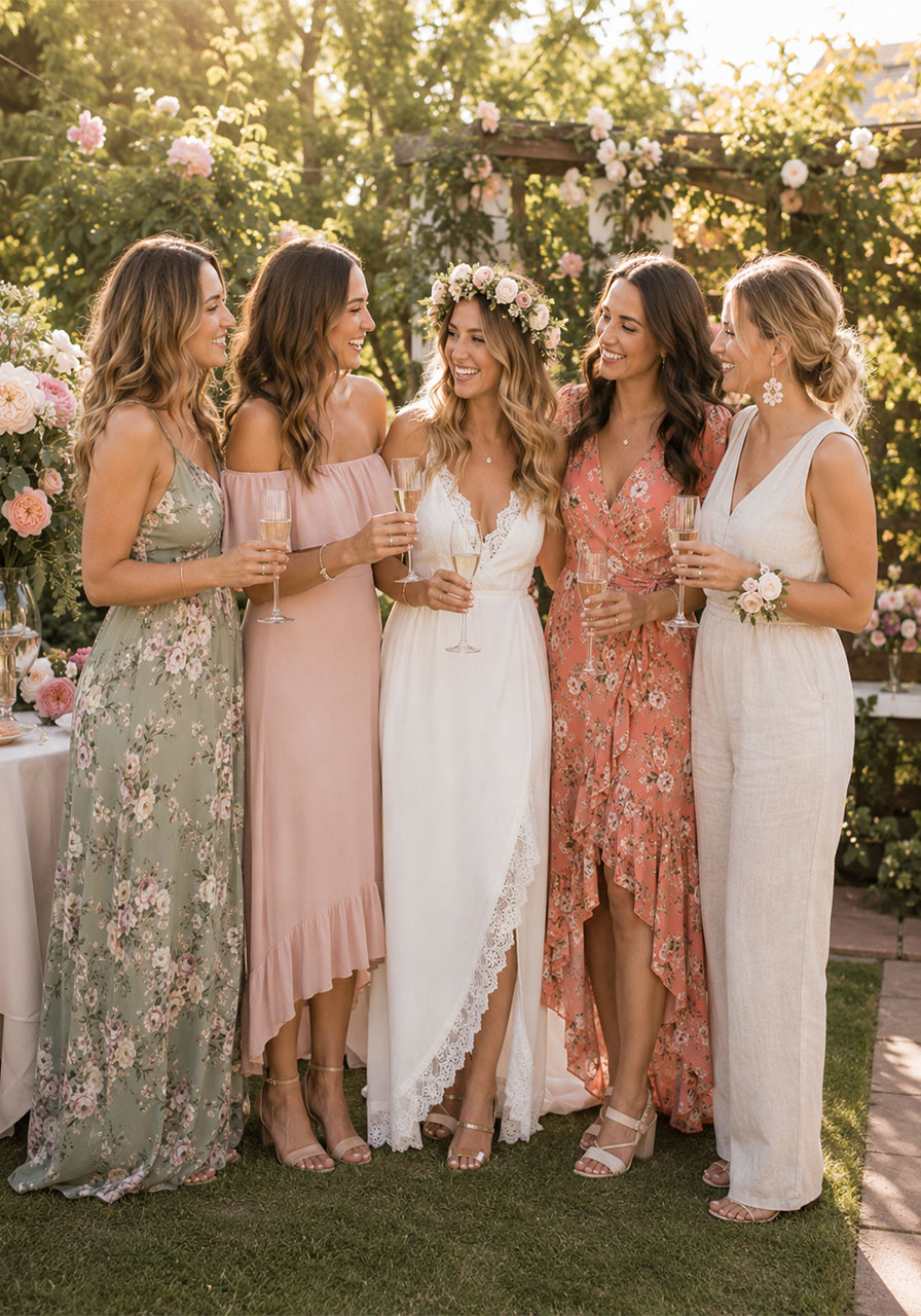 Bridal shower guests in floral and pastel dresses holding champagne flutes at a petals and prosecco garden party