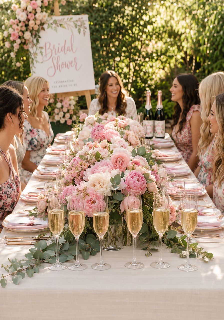Petals and prosecco bridal shower table setup with floral centerpieces and champagne flutes at a garden party