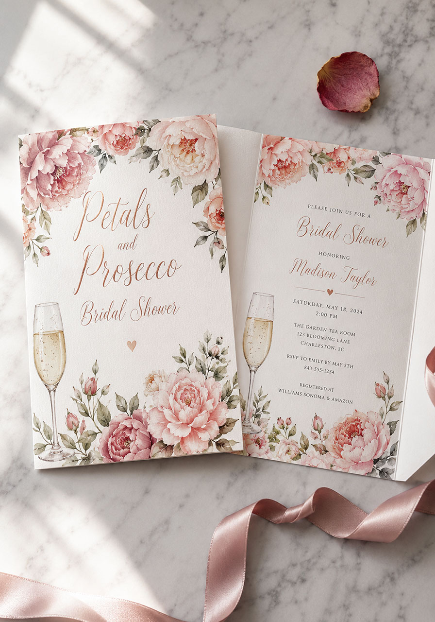 Watercolor floral bridal shower invitations for a petals and prosecco themed party with peony border and champagne flute illustration