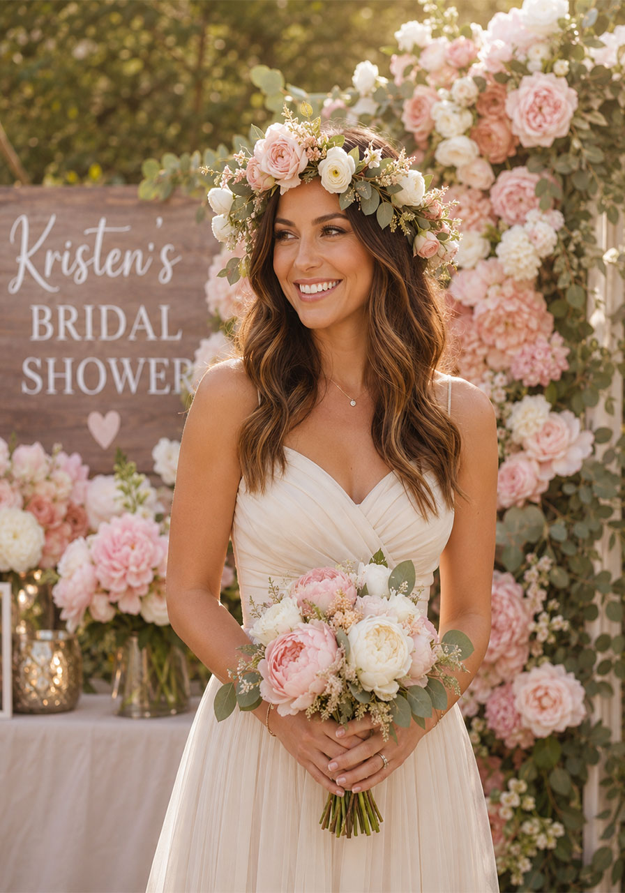 Bride wearing a flower crown and champagne dress holding a peony bouquet at a petals and prosecco bridal shower