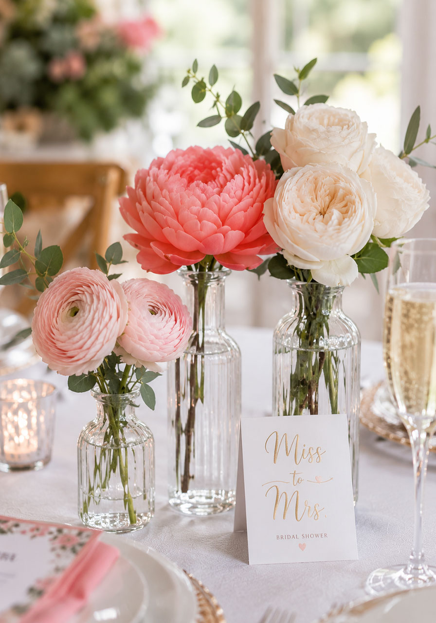 Three bud vase cluster centerpiece with peonies, ranunculus, and garden roses for a petals and prosecco bridal shower table