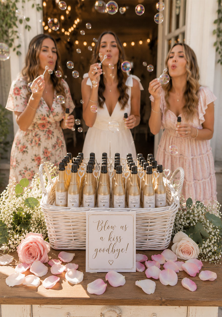 Mini champagne bottle bubble wand favors in a wicker basket at a petals and prosecco bridal shower exit station with a goodbye sign
