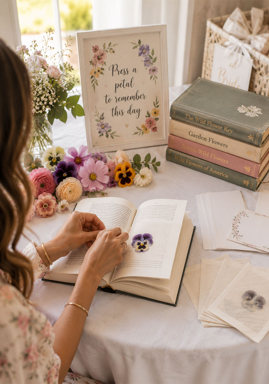 DIY flower pressing station with fresh flowers, heavy books, and cardstock at a petals and prosecco bridal shower activity table