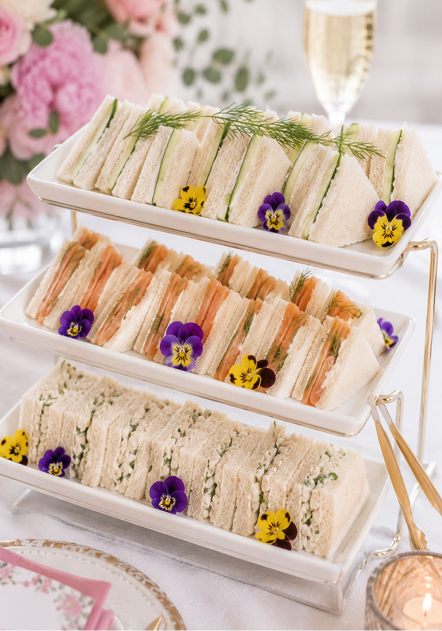 Mini finger sandwiches with edible flower garnish on a tiered serving tray for a petals and prosecco bridal shower food spread