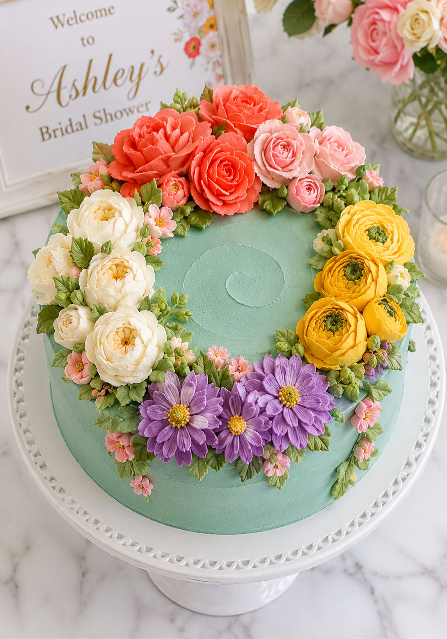 Teal and blush floral buttercream cake with hand-piped flowers for a petals and prosecco bridal shower dessert table