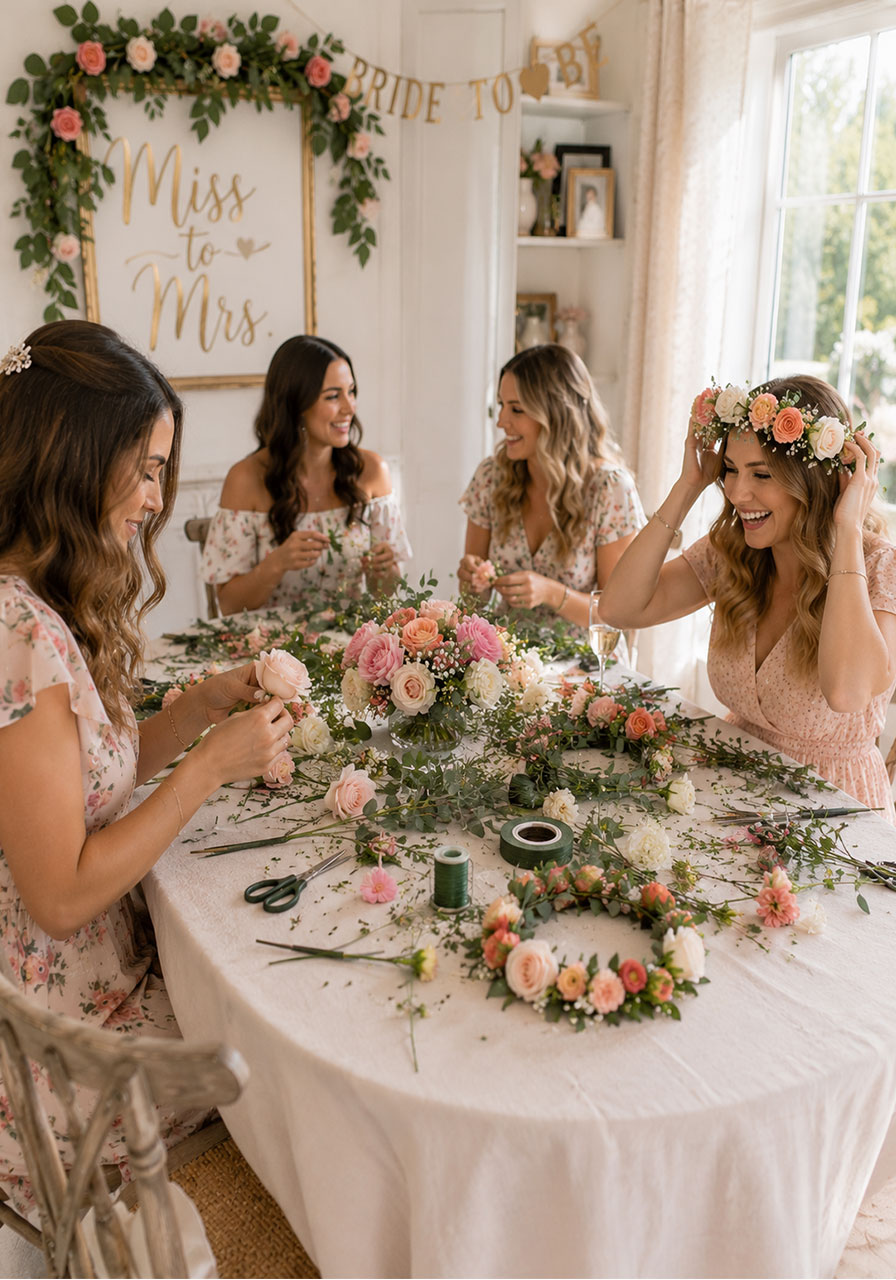 Women making DIY floral crowns at a petals and prosecco bridal shower floral crown workshop game activity