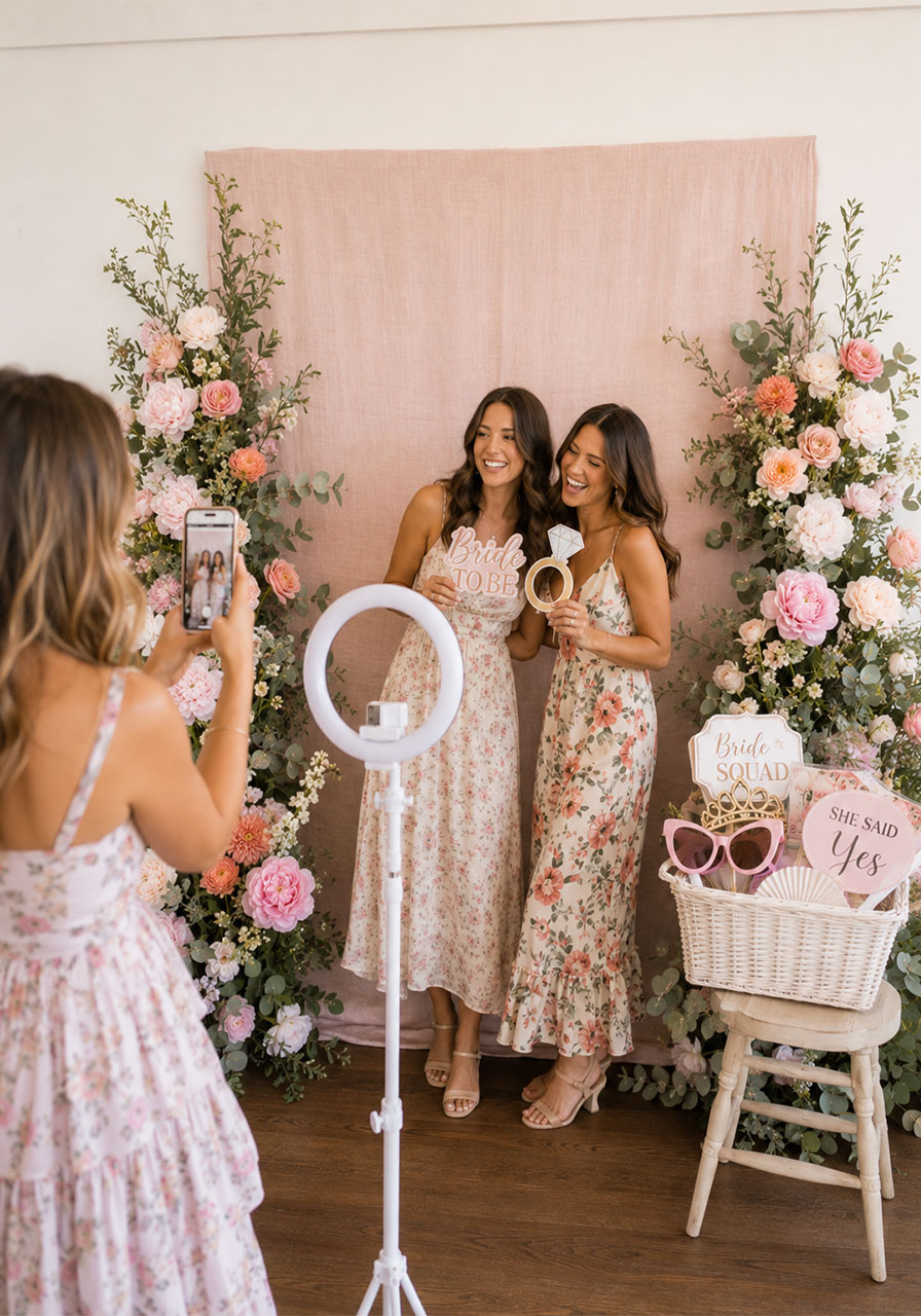 Floral photo booth with blush backdrop, peony arrangements, and fun props at a petals and prosecco bridal shower