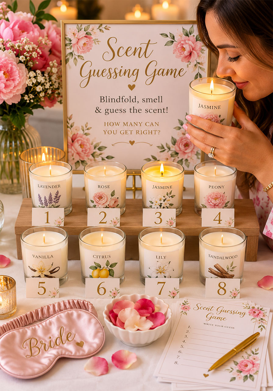 Floral scent guessing game setup with numbered candles and a blindfold at a petals and prosecco bridal shower activity table