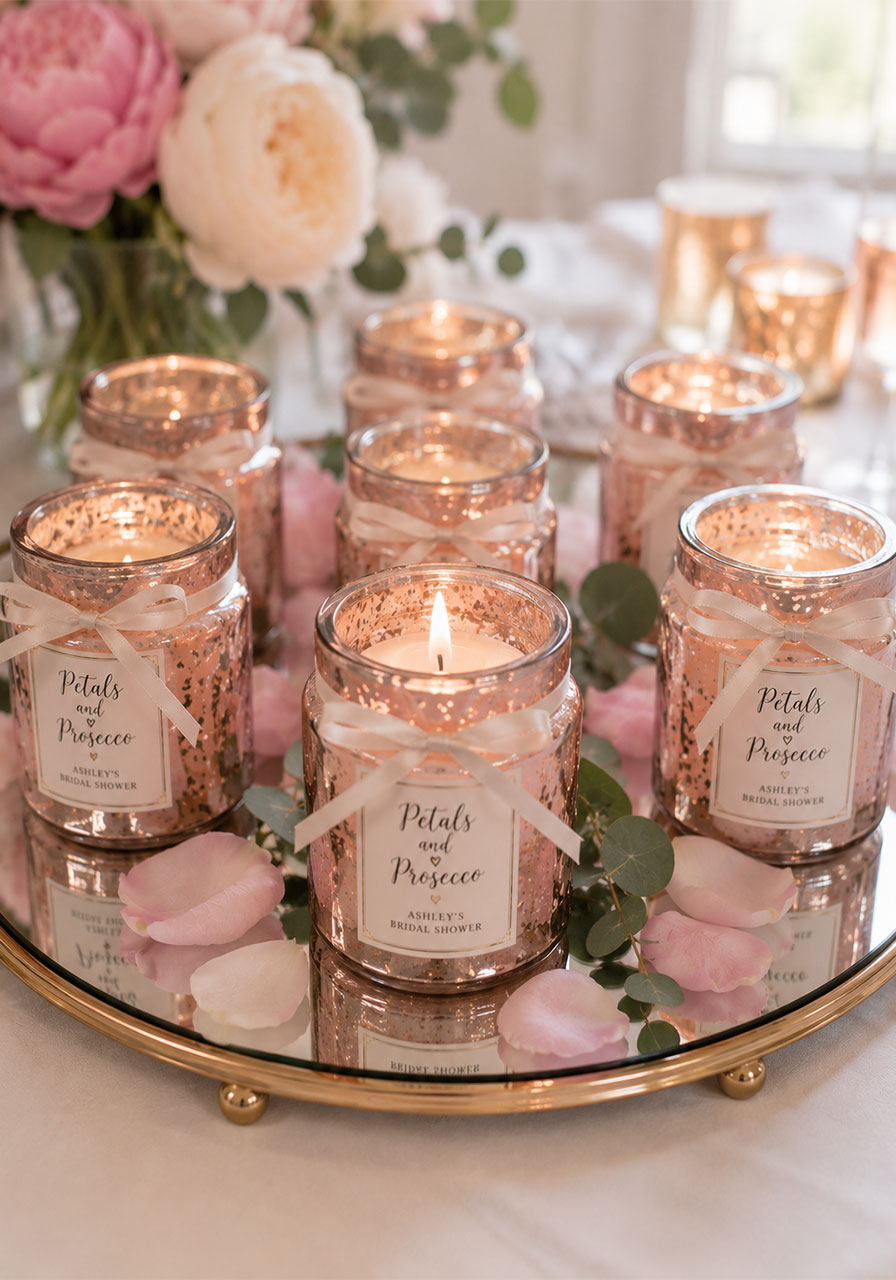 Floral scented candle favors on a mirrored tray with custom labels and ribbon for a petals and prosecco bridal shower