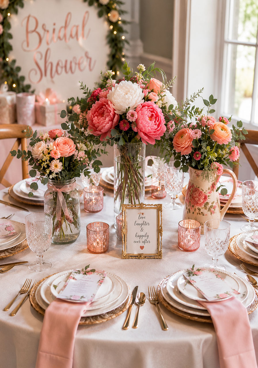 Fresh flower centerpiece arrangements with peonies, garden roses, and eucalyptus for a petals and prosecco bridal shower table