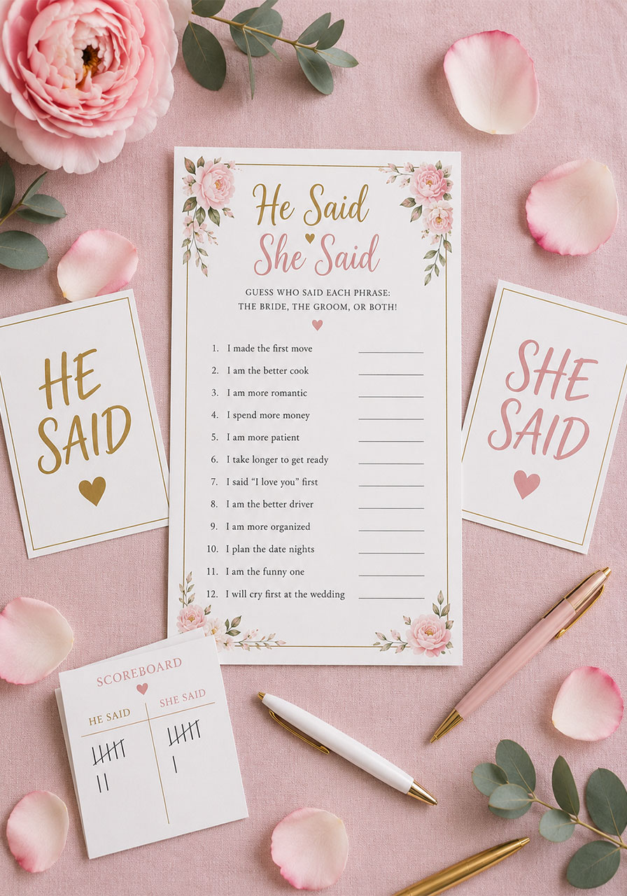 He Said She Said bridal shower game cards with score sheet on a blush tablecloth at a petals and prosecco bridal shower