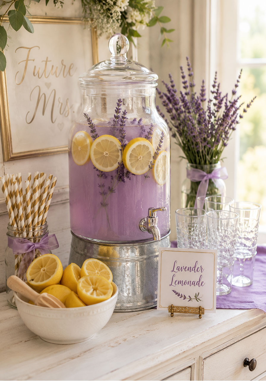 Lavender lemonade drink station with glass dispenser and fresh lavender sprigs for a petals and prosecco bridal shower non-alcoholic option