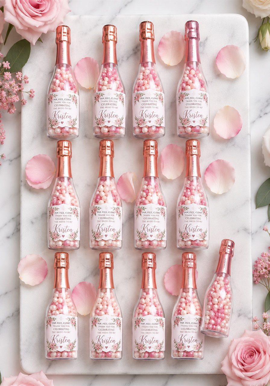 Mini prosecco bottle candy containers filled with pink pearl candies as favors for a petals and prosecco bridal shower