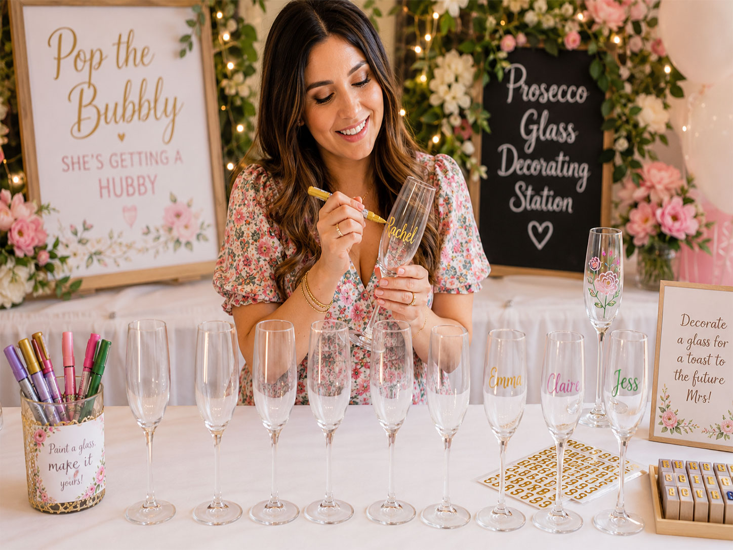 Personalized champagne flute decorating station with paint pens at a petals and prosecco bridal shower DIY activity