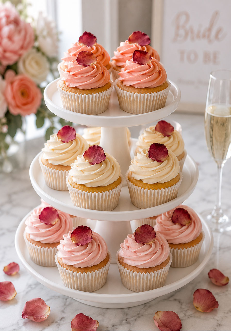 Rose petal cupcakes with blush and ivory buttercream frosting on a tiered stand for a petals and prosecco bridal shower dessert table
