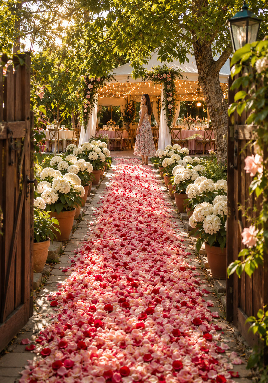 Rose petal pathway leading to a petals and prosecco bridal shower garden party with blush pink and red petals scattered on the ground
