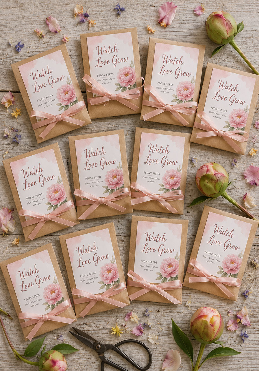 Custom floral seed packet favors with Watch Love Grow labels and blush ribbon for a petals and prosecco bridal shower