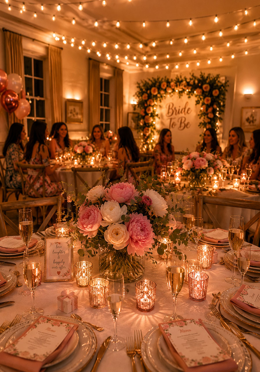 Warm string lights and rose gold candle holders creating dreamy ambiance at a petals and prosecco bridal shower indoor venue