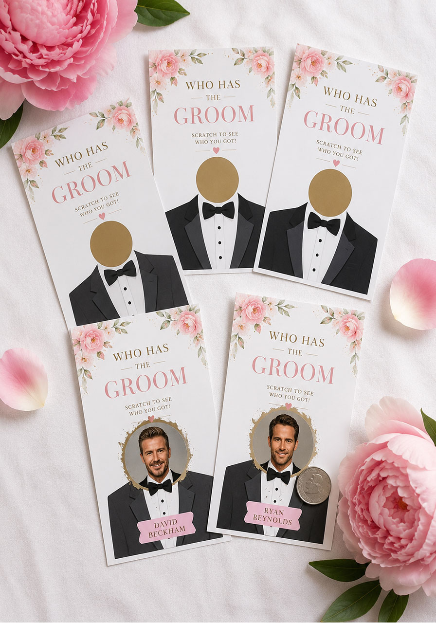 Who Has the Groom scratch-off game cards with floral border spread out on a table at a petals and prosecco bridal shower