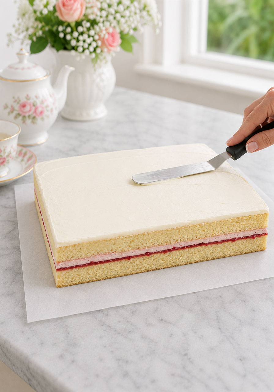 Fully assembled petit fours cake with raspberry filling and cream cheese frosting ready to freeze