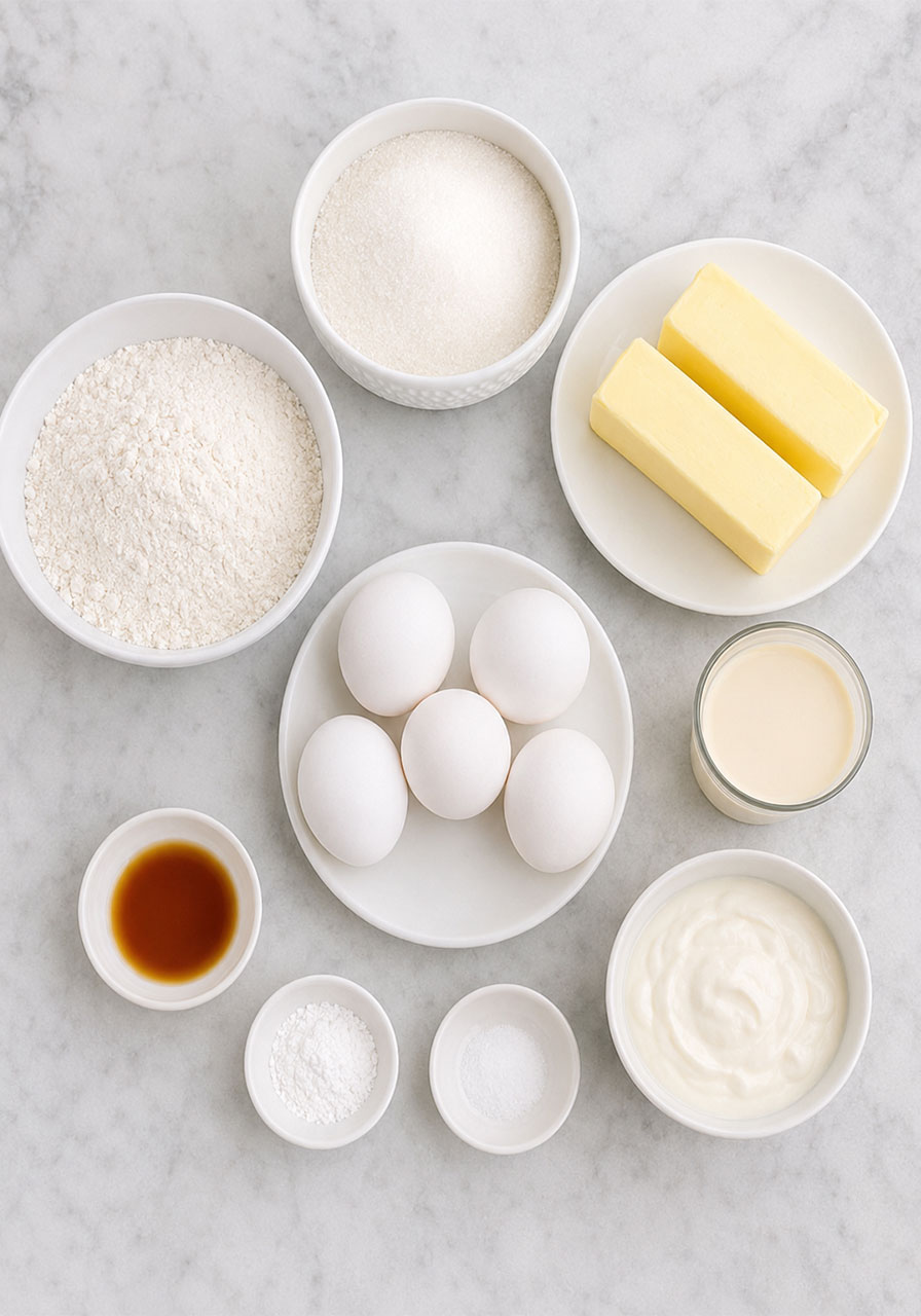 All ingredients for homemade petit fours recipe including butter, flour, eggs, evaporated milk, and sour cream