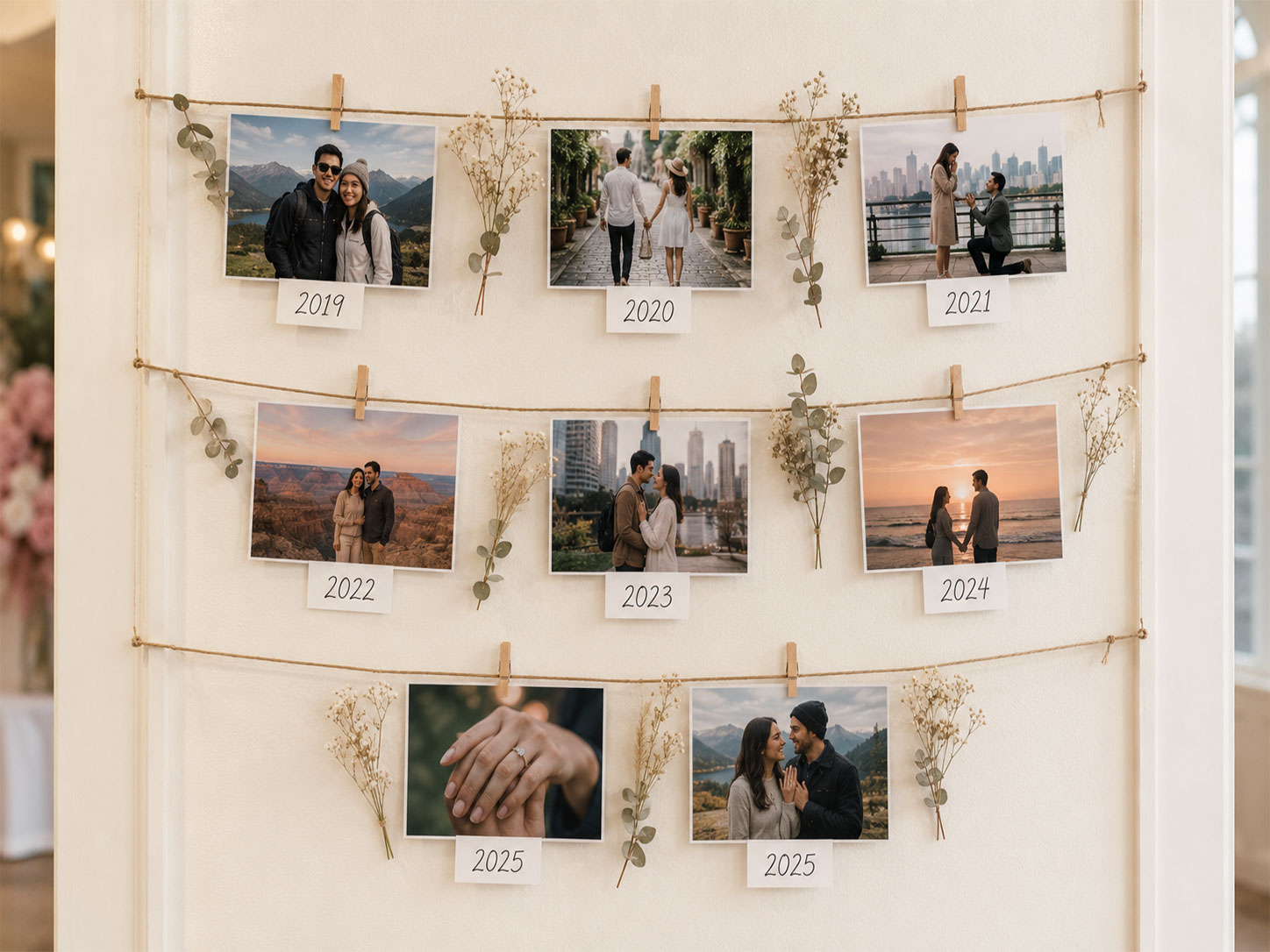 Couple photo timeline display on jute twine with clothespins and date labels for bridal shower wall decor