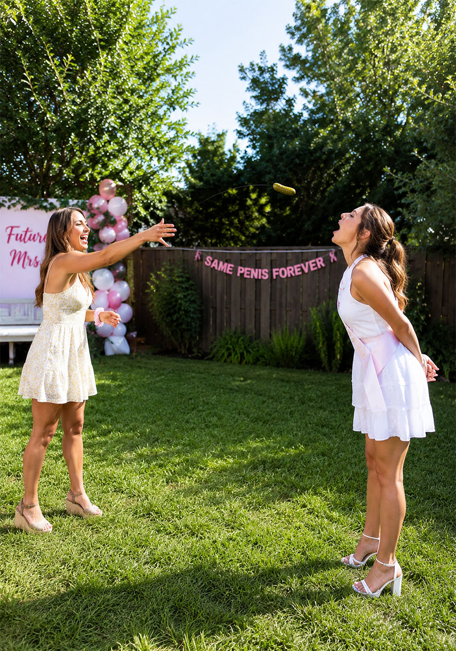 Women playing the pickle toss bachelorette party game catching pickles in their mouths outdoors