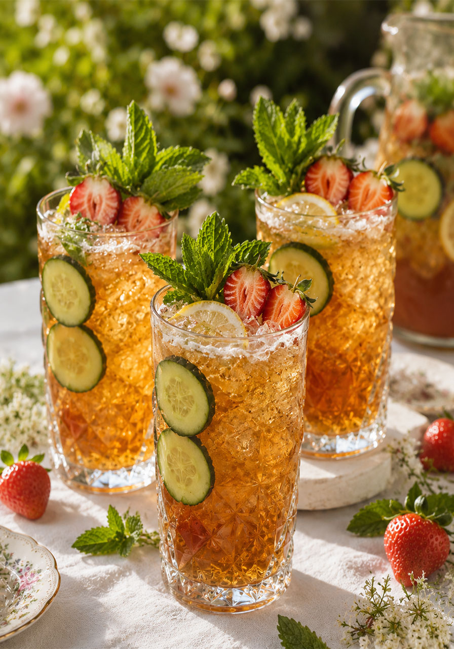 Classic Pimm's strawberry cups with cucumber and mint garnish for a vintage garden tea party