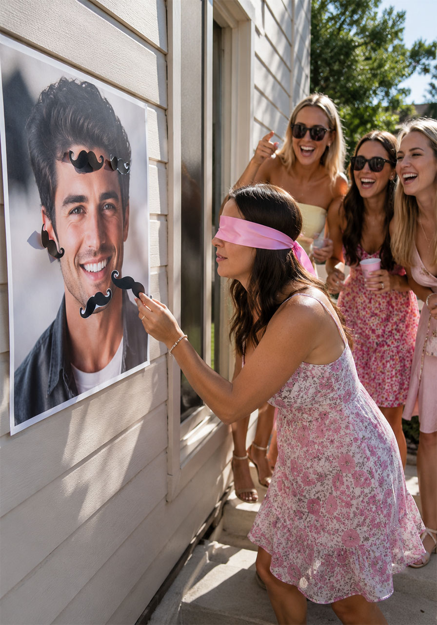 Woman blindfolded playing Pin the Mustache on the Groom bachelorette party game
