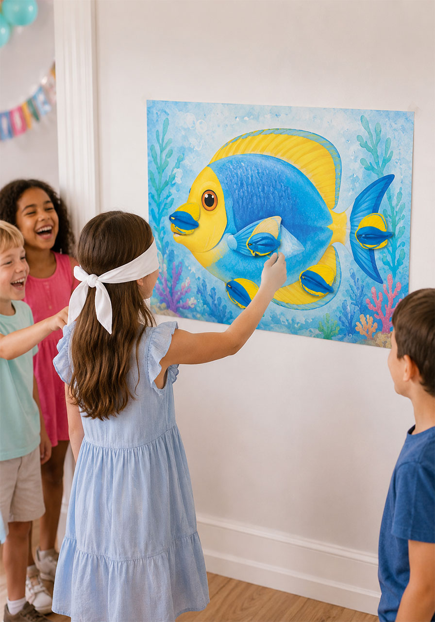 Kids playing pin the fin on the fish game at an under the sea birthday party activity