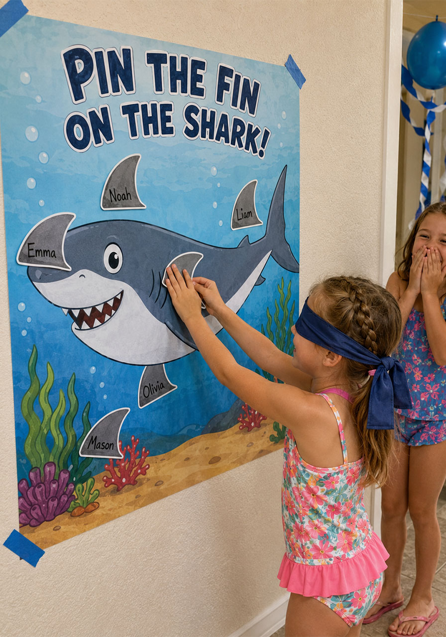 Blindfolded child pinning fin on shark poster with other fins stuck in wrong funny positions at kids shark birthday party game