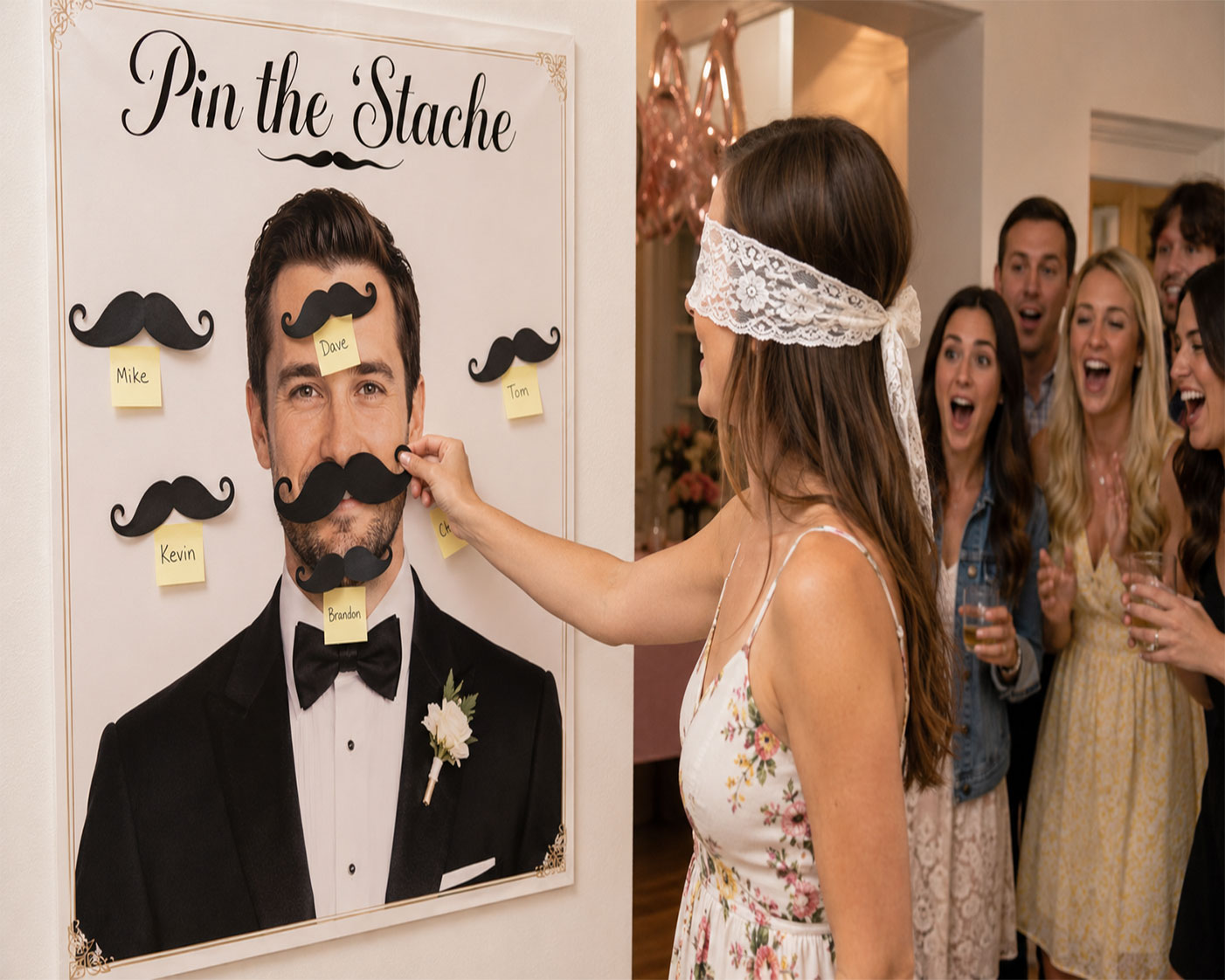 Blindfolded bridal shower guest pinning a paper mustache near a groom's poster in the pin the stache bridal shower game