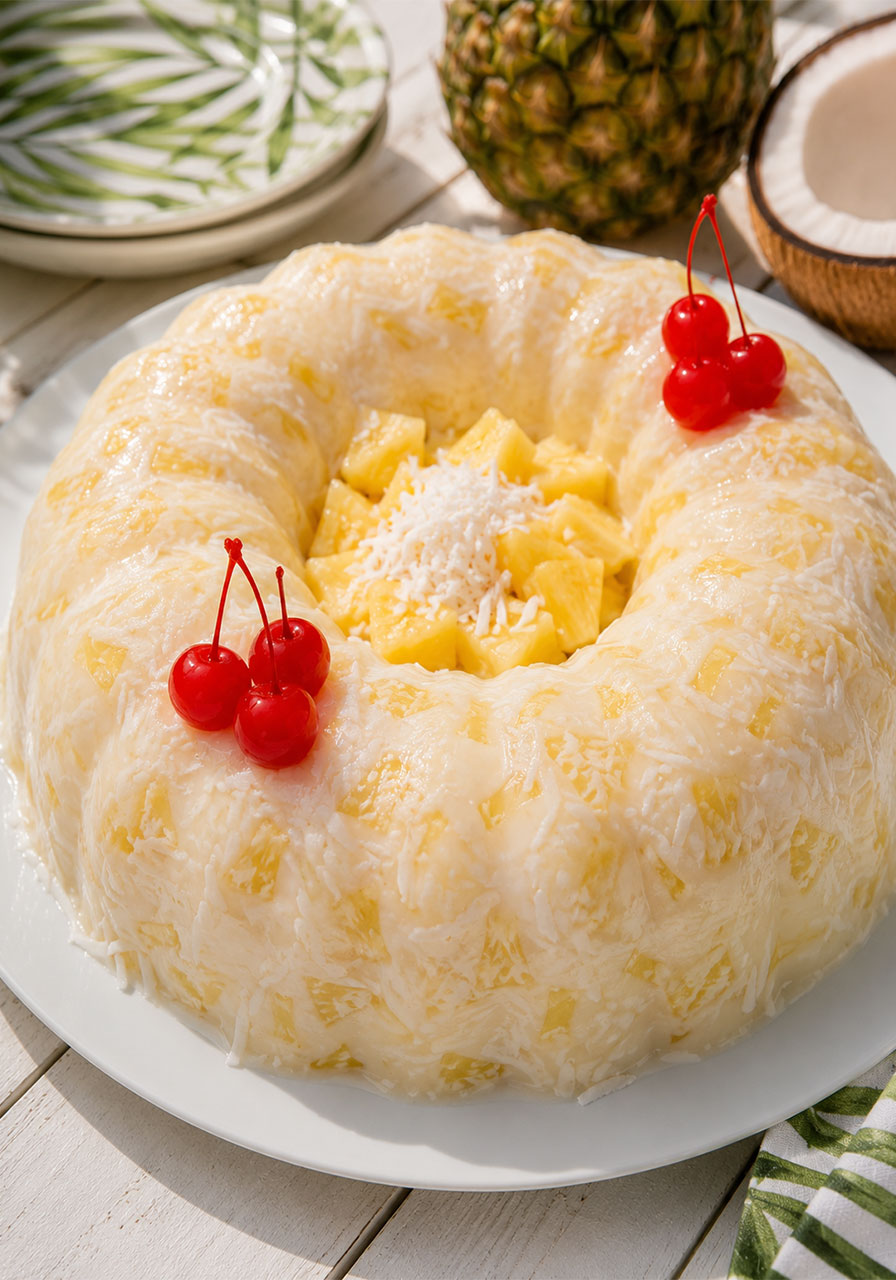 Retro piña colada molded gelatin salad with pineapple and coconut unmolded on a platter – festive summer party dish