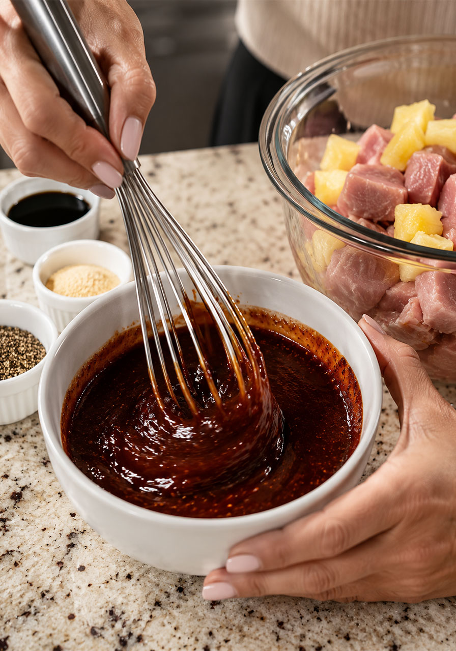 Woman whisking together BBQ marinade sauce for pineapple pork skewers in a white ceramic bowl