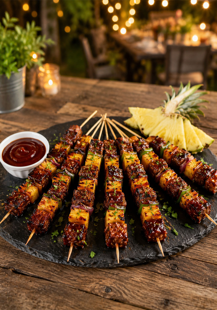 Finished pineapple BBQ pork skewers arranged on dark slate party serving board with extra BBQ dipping sauce for entertaining