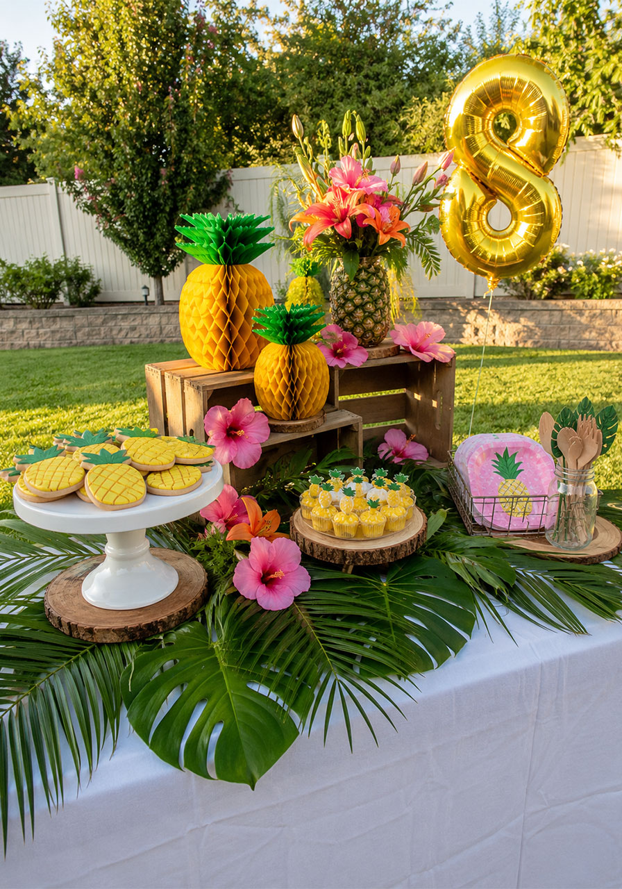 Complete pineapple-themed birthday party snack bar table with tropical decorations, sugar cookies, and pineapple centerpieces