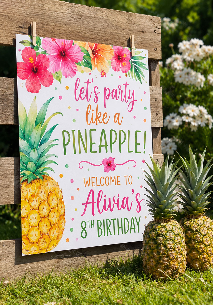 Colorful pineapple party welcome sign clipped to wooden pallet for birthday party snack bar entrance