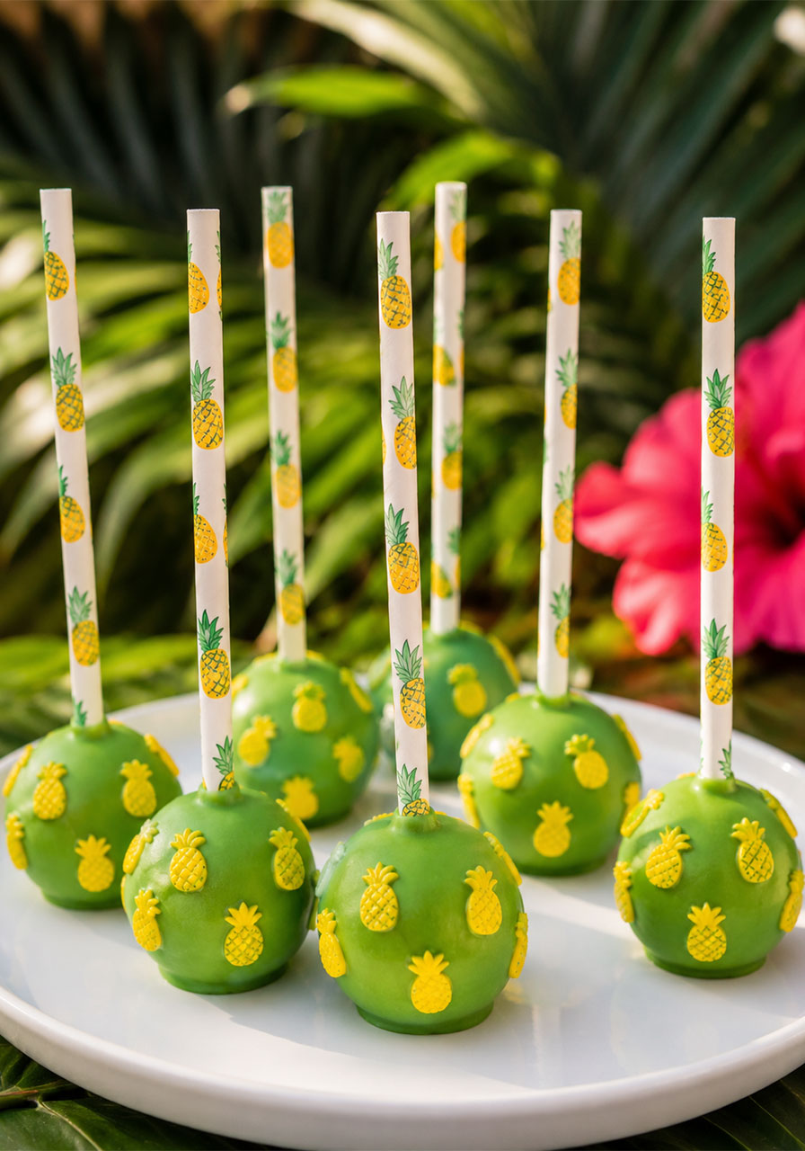 Green cake pops with pineapple sprinkles on pineapple-print paper straws for birthday party snack bar