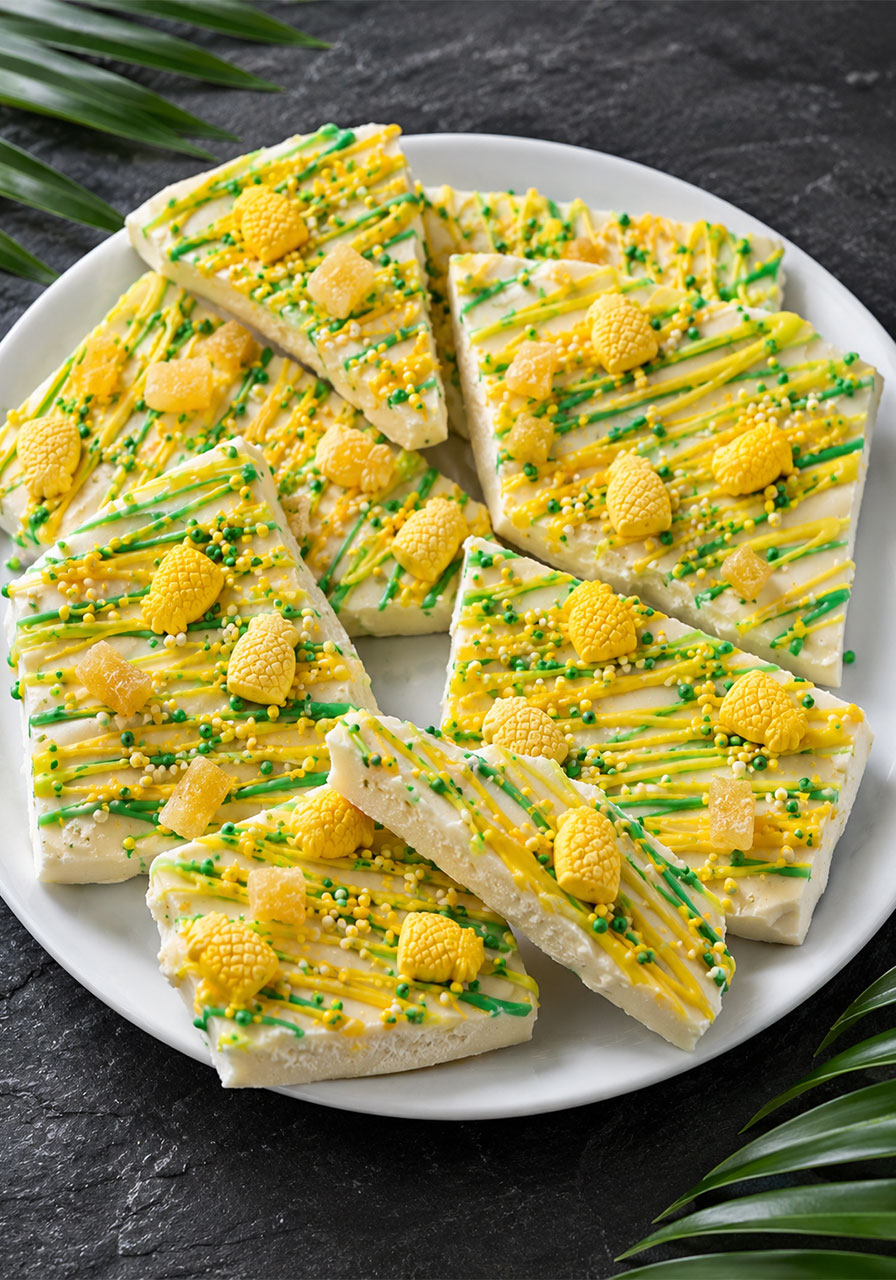 White chocolate pineapple candy bark with yellow drizzle and pineapple sprinkles as birthday party snack bar treat