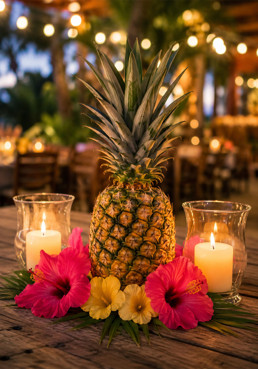Fresh pineapple centerpiece with hibiscus flowers and candles for tropical summer party table decor