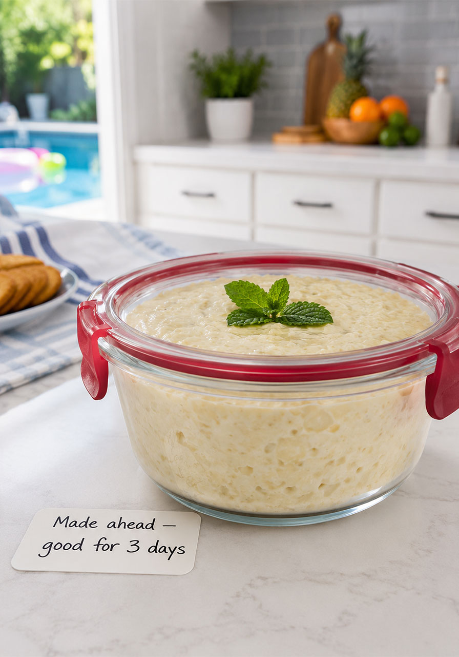 Cheesecake pineapple dip stored in an airtight glass container with a label showing it keeps for up to 3 days