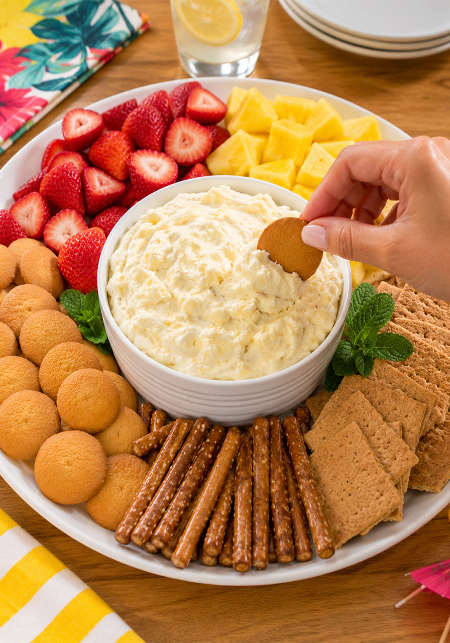 Pineapple cheesecake dip on a party serving board with Nilla wafers, graham crackers, strawberries, and fresh pineapple for dipping