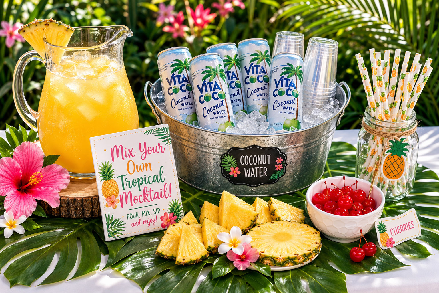 Tropical pineapple coconut water mocktail bar station with juice pitcher and self-serve setup for birthday party snack bar