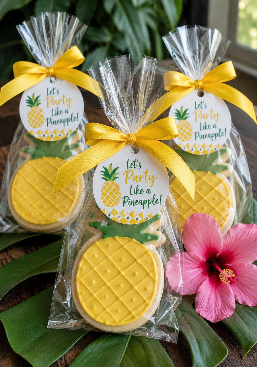 Individually wrapped pineapple sugar cookies in clear bags with yellow ribbon as birthday party favor snack bar idea